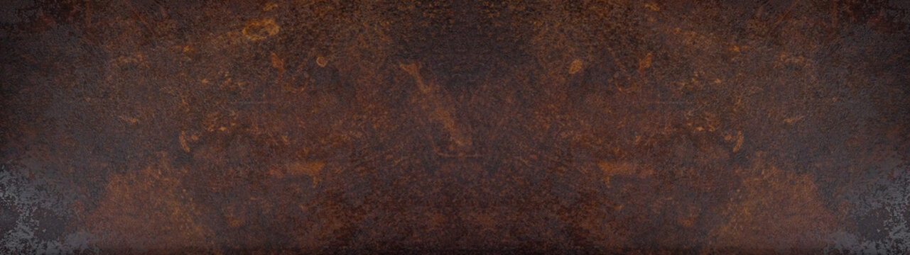 Rusty grunge dark metal corten steel wall texture background banner panorama