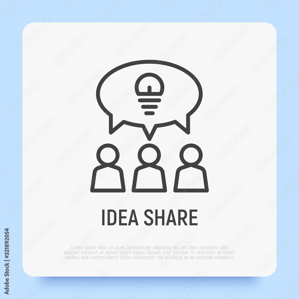 Poster idea sharing thin line icon. group of people is brainstorming. teamwork. speech bubble with light bu