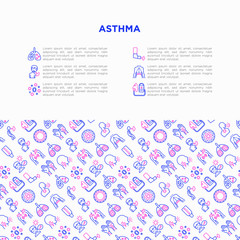 Asthma concept with thin line icons: allergen, dyspnea, cough, wheezing, chest pain, diaphragm, hives, sputum, peak flow meter, inhaler, nebulizer. Vector illustration, template with copy space.