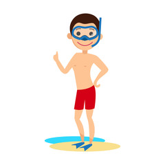 young man in a swimming mask with snorkel and fins. Vector illustration.