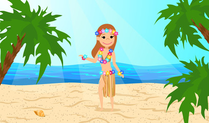 Girl in traditional Hawaiian costume on the beach. The cartoon style. Vector illustration.