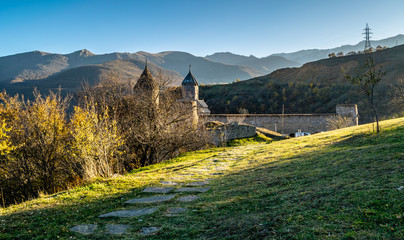 Panoramic view on 8th century ancient Tatev Monastery, located in Armenia, Syunik Province , Tatev village. Autumn landscape in caucasus mountains during sunset