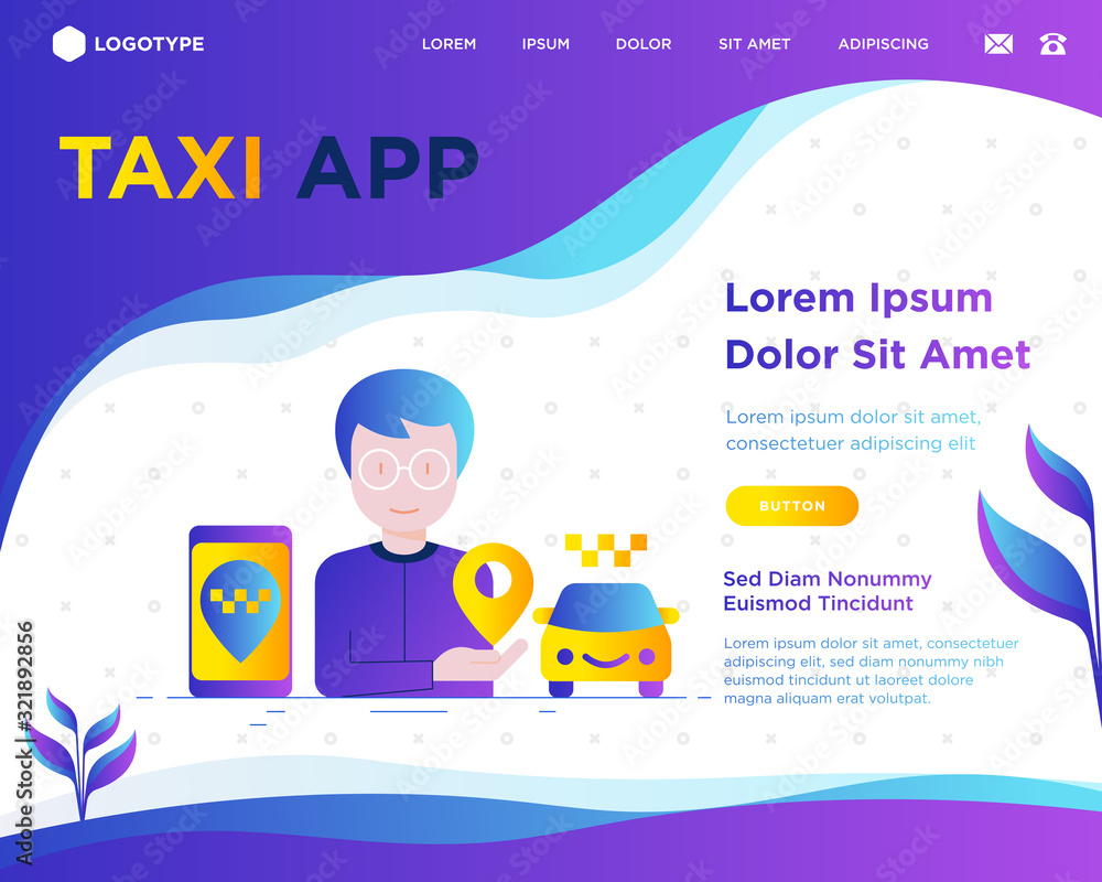 Aufkleber man using taxi app. web page template with flat gradient icons: app settings, info, support service,