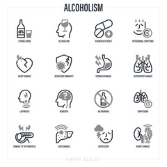 Alcoholism thin line icons set. Strong drink, withdrawal symptoms, vitamin deficiency, decreased immunity, internal organs damage, depression, dementia, emphysema. Vector illustration.