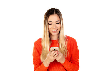 Pretty blonde woman with red jersey