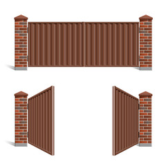 A red brick gate with a metal profile on a white, isolated background. Open gate.