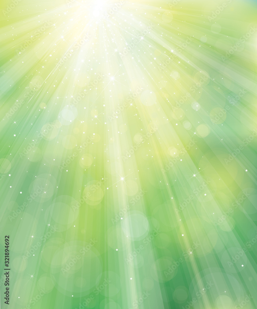 Sticker vector green background with rays and lights.