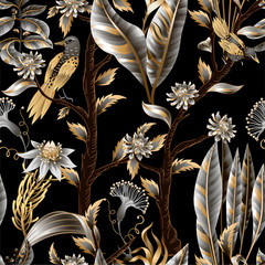 Seamless pattern with golden and metallic leaves, flowers and birds. Vector. © Yumeee
