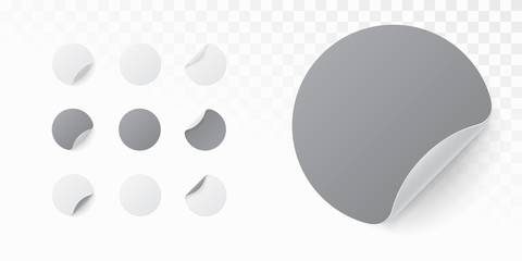 Realistic template of white round paper. Adhesive sticker with curved edge isolated on white background. Vector illustration