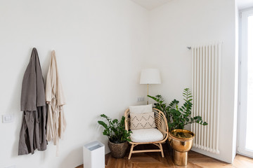 Interior of modern flat, Living room with white table, mirror