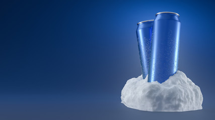 3D image of two blue aluminium cold cans staying in the snow ice with water drops and frost. On the dark blue background