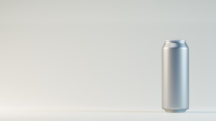 3D image of silver aluminium cold can staying in the right corner. On the white blurred background...