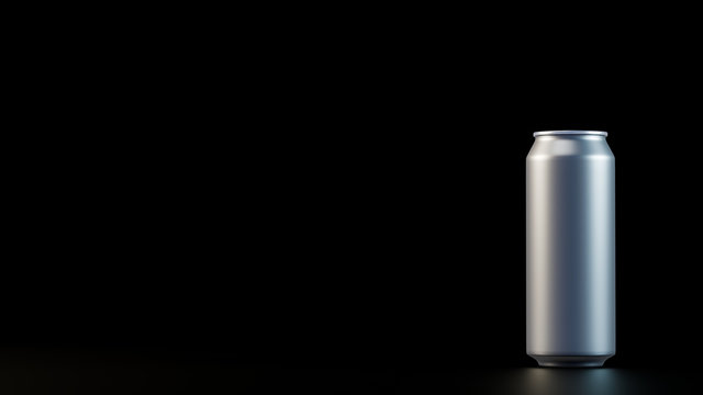 3D image of silver aluminium cold can staying in the right corner of image. On the black isolated background with cinematic lighting.