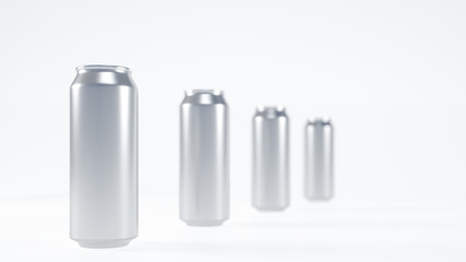 3D image of four silver aluminium cold cans staying in the row. On the white blurred background