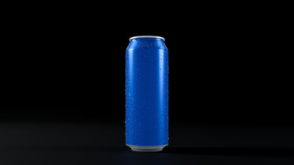 3D image of one blue aluminium cold can with water droplets. On black isolated background
