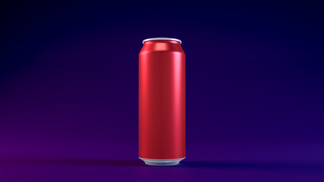 3D image of red violet aluminium cold can in fashionable color style. On the dark blue background