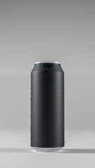 3D image of side view black aluminium cold can with water droplets. On light background