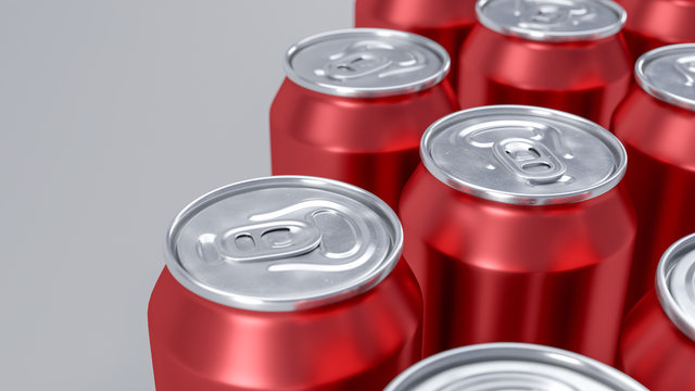 3D closeup image of top side view red aluminium cold cans staying in group .On the white background