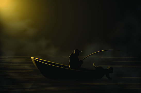 Vector image of a fisherman on a boat with a dog in the dark in the fog.