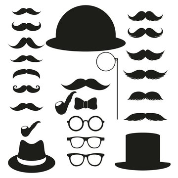 Retro gentleman's set.  smoking pipe, top hat,eyeglasses, bow tie, mustache, smoke. Father's day set. Fashion vintage retro old hipster style.