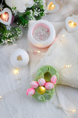 Beautiful  spa composition with bath bombs, flower soap,  towel on light background. Mothers day, Women day or  wedding lifestyle concept.  8 March greeting card