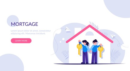 Happy family with keys to a new home. Illustration on the topic of mortgage lending. Silhouette of the house with the tenants. Modern flat illustration.