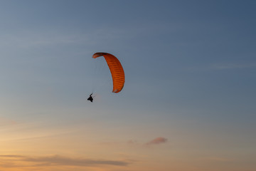 Paraglider flying over thesea shore at sunset. Paragliding sport concept.
