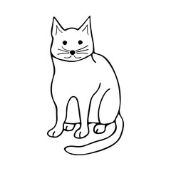 Doodle cat sits and stares, black and white illustration on white background. Cute animal