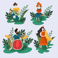 Little people who play musical instruments. Illustration with musicians and fruits.
