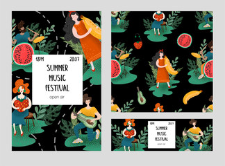 Three posters for summer musical festival with musicians and fruits.
