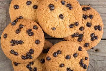 Stacked chocolate oat cookies Close up. Tasty snack and Sweet dessert