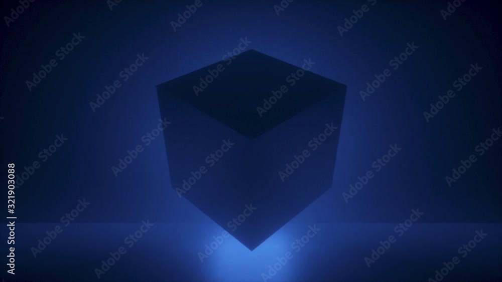Poster 3d render, seamless abstract neon background, levitating cube with glowing scanning lines. modern mi