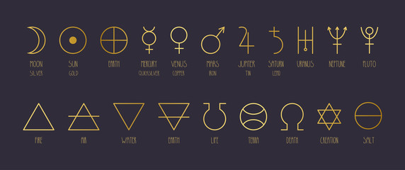 Hand-drawn vector set of alchemical symbols in golden gradient. - obrazy, fototapety, plakaty