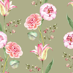 seamless pattern of bouquets of pink flowers on a gray background