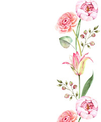 border for the decor of delicate flowers of roses and tulips, watercolor illustration on white background