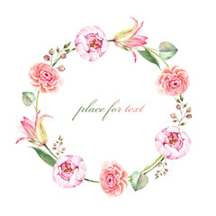 isolated frame for the decor of delicate flowers of roses and tulips, watercolor illustration