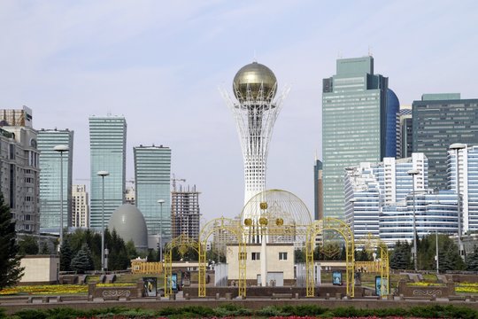 Modern city view with skyscrapers and Baiterek Tower Nur-Sultan in Kazakhstan