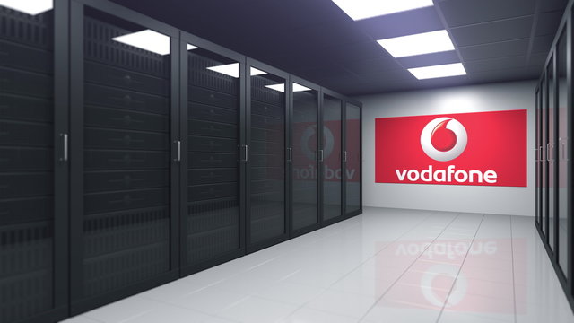 VODAFONE logo in the server room, editorial 3D rendering