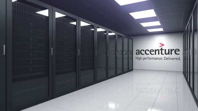 Logo of ACCENTURE on the wall of a server room, editorial 3D rendering