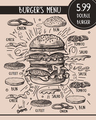 Burger menu with composition of products in graphic style.