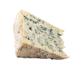 Piece of Blue Mold Cheese on White Background Close Up