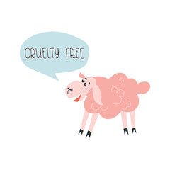 Cute smiling sheep and hand drawn lettering text Cruelty free in speech cloud. Vector isolated illustration.