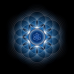Symbol of atom and sacred geometry shape - flower of life. Mix of science and spirituality. Vector glow mandala on black background.
