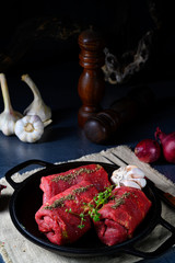 raw beef roulades prepared for cooking