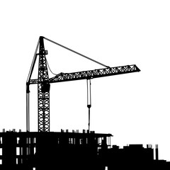 Vector illustration of a black Modern building with a construction crane on a white background