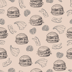 Seamless pattern with burgers in graphic style.