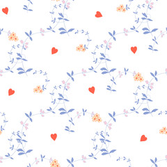Seamless vector pattern with small flowers, branches and hearts for decoration, print, textile, fabric