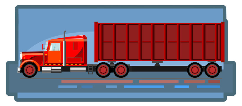 Logistics delivery of containers by car. Vector illustration. Container ship. Cargo services of company. Transportation by large trucks. Autopark. Picture for the booklet, graphic button of website.