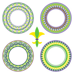 Mardi Gras round border vector set background for banner with fleur de lis in the center. © Tapkimonkey