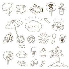 Handwritten style Illustration set of simple and cute summer materials